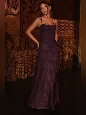 House of CB Esme grape lurex chiffon maxi dress NWOT